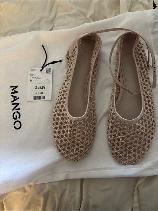 Mango Shoes - Mango Beige Crochet Ankle-Strap Flats
